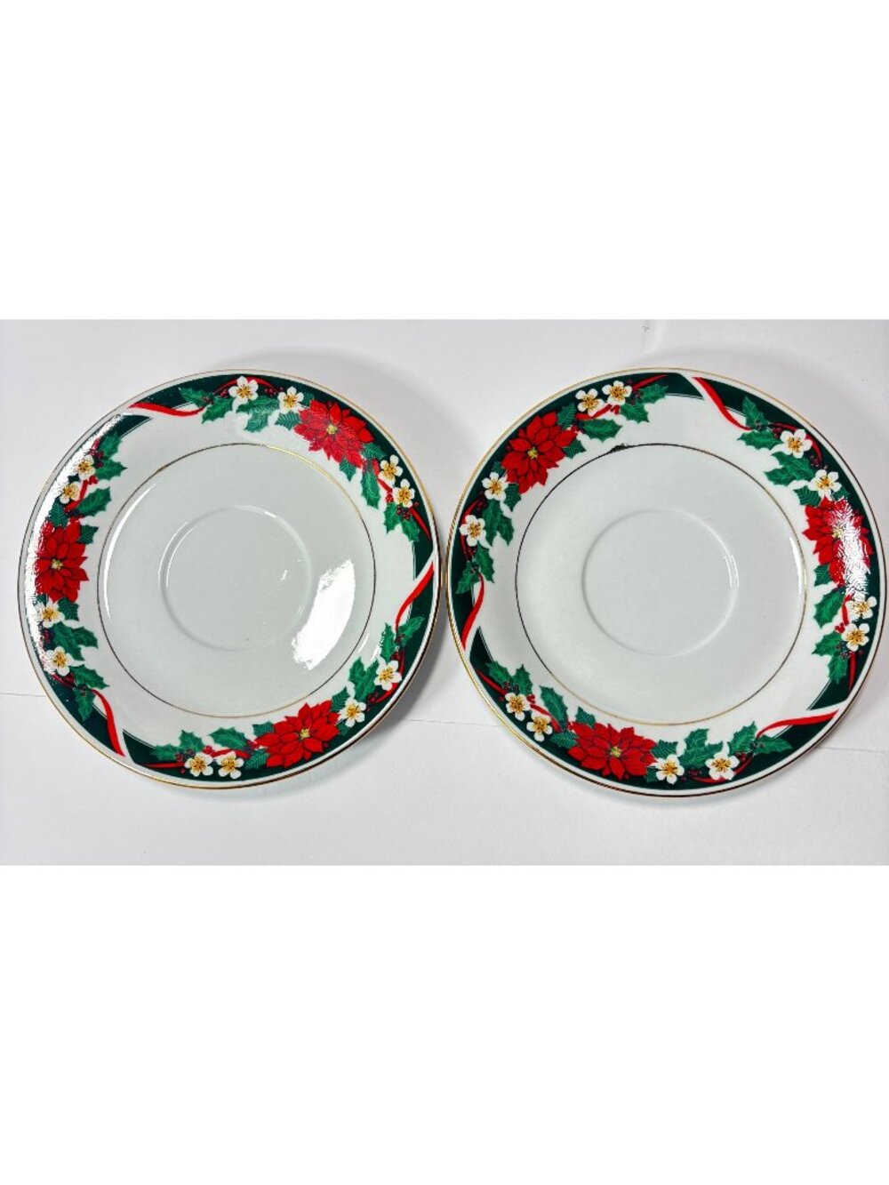 Tienshan Deck The Halls Christmas Saucer Set Of 2 Christmas Holiday Vintage 1990